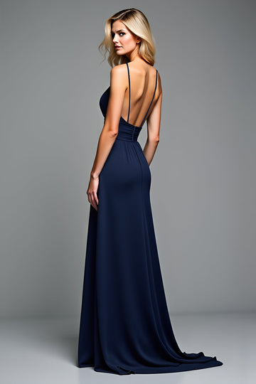 Une ligne bleu marine spaghetti bretelles robe longue d’invité de mariage